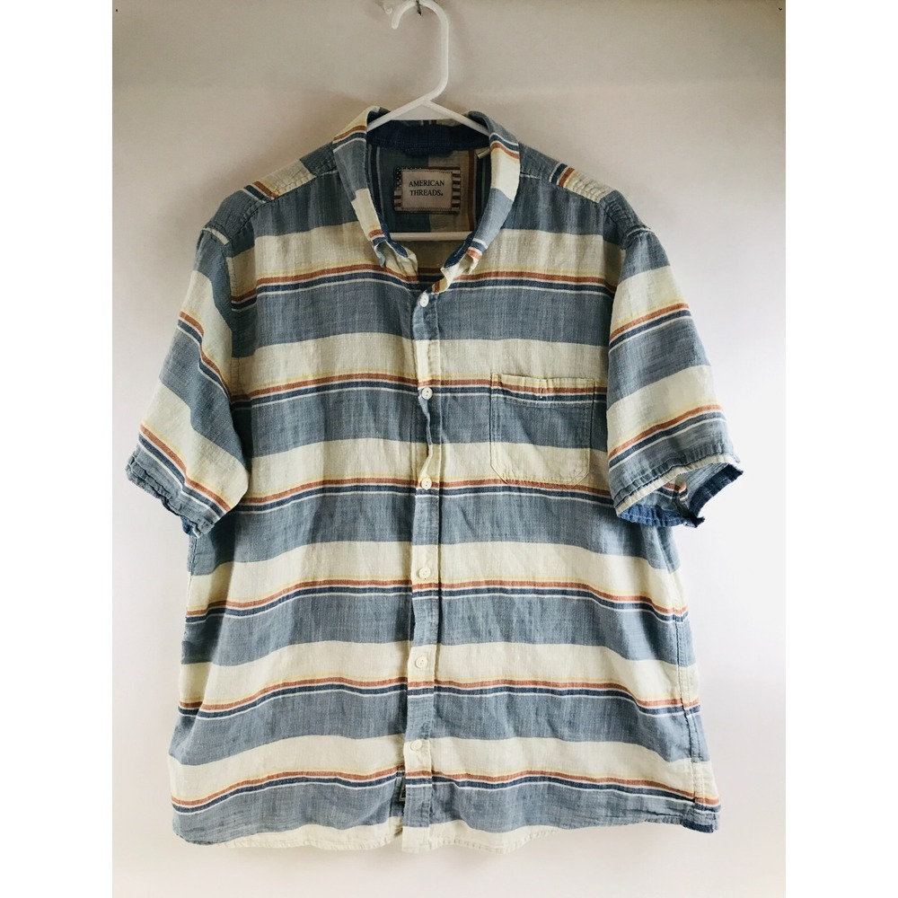 American Threads Shirt Men's Size XXL Blue Cream Orange Striped Button Up